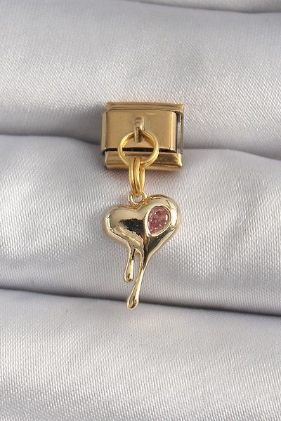 Clariss 316L Steel Gold Color Dangle Melting Heart Model Pink Zircon Stone Detailed Nomination Charm - Lisinya