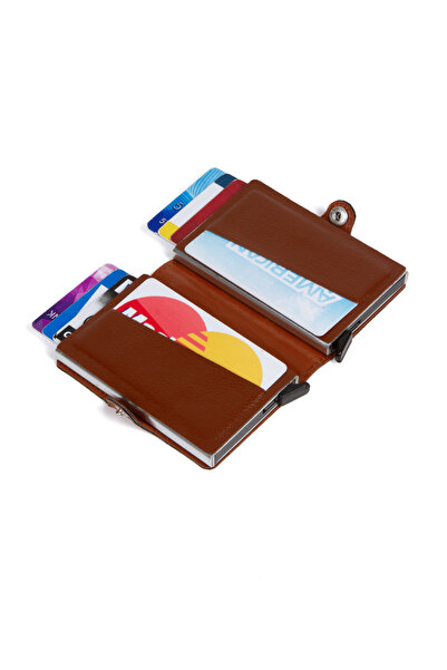 Newish Polo Tan Leather Automatic Card Anti-Shooting Aluminum Double Mechanism Card Holder and Wallet