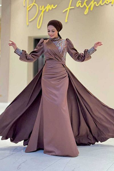 Bym Fashion Stoned Tail Detail Evening Dress 7044 Brown