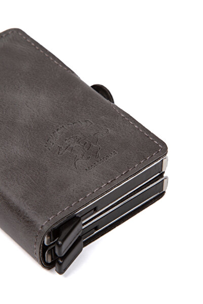 Newish Polo Gray Leather Automatic Card Anti-Shooting Aluminum Double Mechanism Card Holder and Wallet