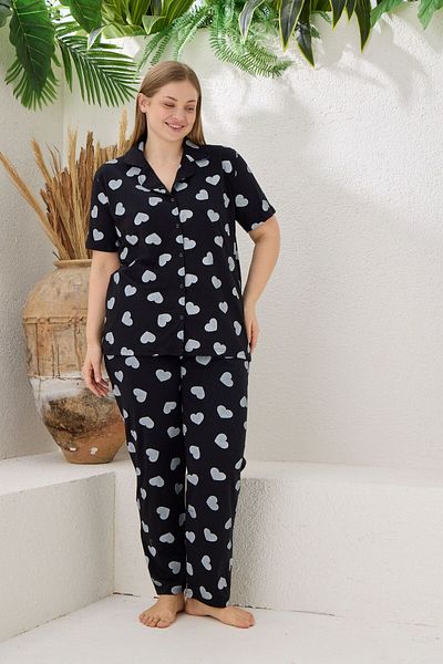pijamacity Oversize Women's Short Sleeve Cotton Front Buttoned Pajama Set
