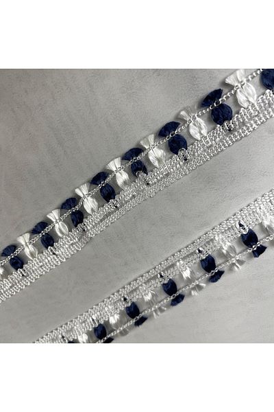 Bukle İplik Blue and White Sequential Tassel White Striped Decorative Strip - 2 cm Width (5 Meters)