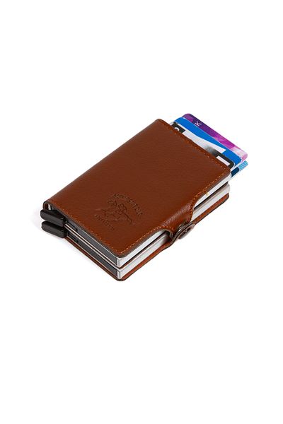 Newish Polo Tan Leather Automatic Card Anti-Shooting Αλουμίνιο Διπλός Μηχανισμός Θήκη κάρτας και Πορτοφόλι