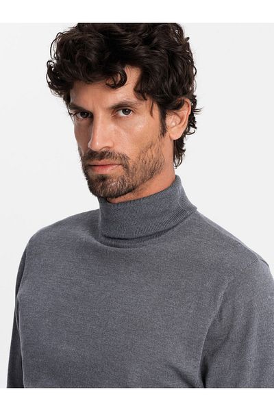 OMBRE Einfarbiger Herren Strickrollkragen mit Viskose - grau melange V2 OM-SWTN-0101 L
