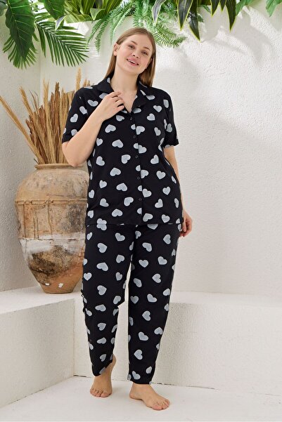 pijamacity Battal Beden Kadın Kısa Kollu Pamuklu Önden Düğmeli Pijama Takımı