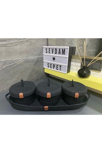 Sevdam Sepet Black Triple Bathroom Basket Set + Rope Tray, Decorative Basket, Cotton Bowl, Cotton Basket, Earwash Basket