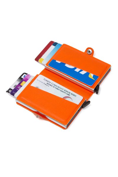 Newish Polo Orange Leather Automatic Card Anti-Shooting Aluminum Double Mechanism Card Holder and Wallet