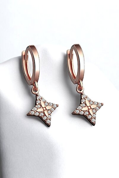 jelux silver Gümüş 925 Ayar Kutup Yıldızı Model Zirkon Taşlı Sallantılı Rose Renkli Küpe