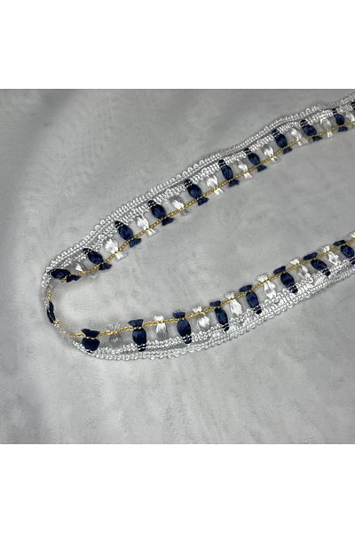 Bukle İplik Blue and White Sequential Tassel Gold Striped Decorative Ribbon - 2 cm Width (5 Meters)