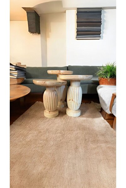 Simillo Home&Living Wood Wooden Ahşap 3’lü Set Fitilli Mantar Yan Sehpa Moder...