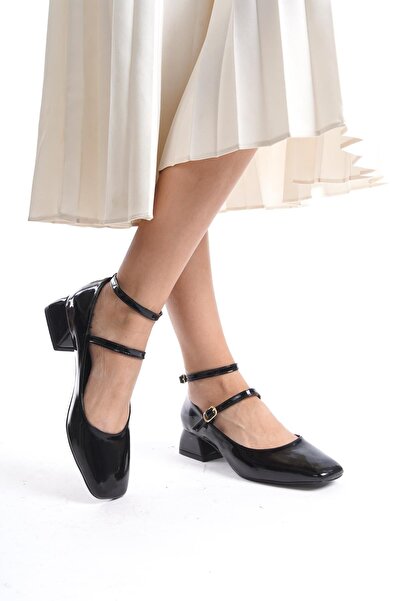 Bak Store Mary Jane Black Patent Leather - Thick Heel Women's Shoes with Blunt Square Toe and Helmet