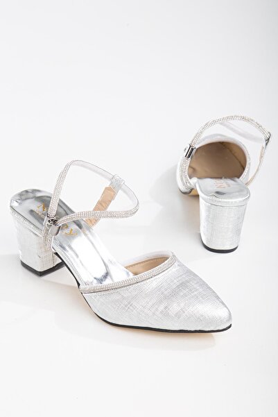 Bak Store Silver Ankle Stoned 5 cm Thick Heeled Women's Shoes