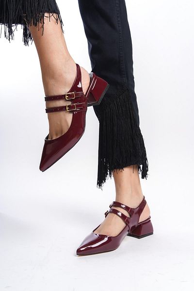 Bak Store Mary Jane Claret Red Patent Leather Open Back Pointed Toe Short Heeled Shoes with Helmet