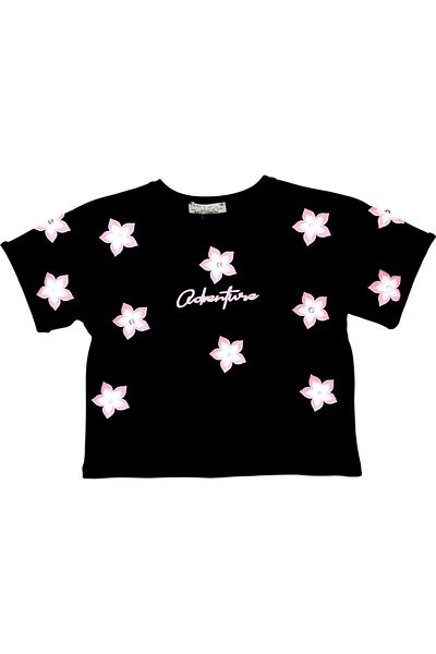Little Star Girl's Floral Printed Stone and Pearl Detailed Tshirt