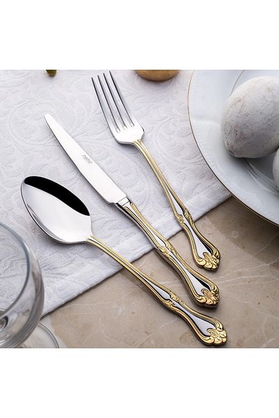 Nehir Cutlery set. (Spoons - forks - knives). Consists of 89 pieces. With luxury wooden box.Gold
