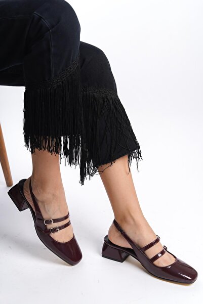 Bak Store Mary Jane Claret Red Patent Leather Open Back Blunt Toe Short Heeled Shoes