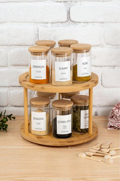 emir home shop 10-Piece Bamboo Lid Rolling Glass Spice Rack Set with Swivel Stand and Spoon Sticker Set Storage Jar