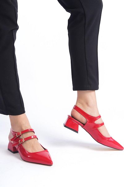 Bak Store Mary Jane Red Patent Leather Open Back Pointed Toe Short Heeled Shoes