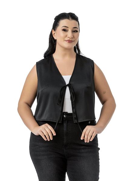 DISENTIS MODEST Plus Size Front Tie Detailed Satin Unlined Black Vest