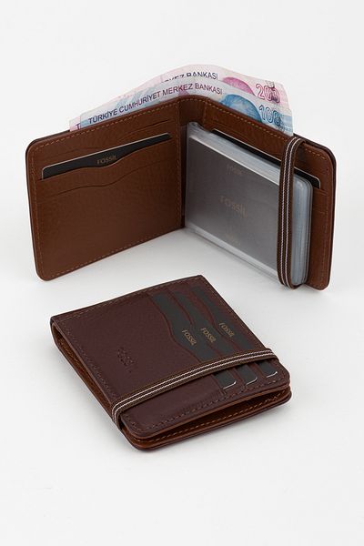 Fossil Boxed Genuine Leather Transparent Card Holder Brown Rubber Closure Hand Portfolio Card Holder Wallet