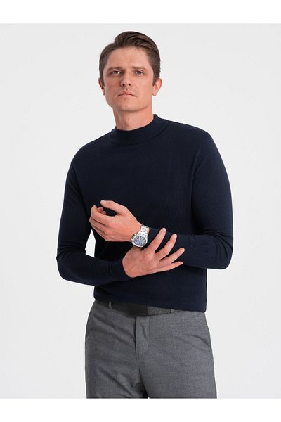 OMBRE Pánský pletený pologolf s viskózou - tmavě modrá V2 OM-SWTN-0100 L