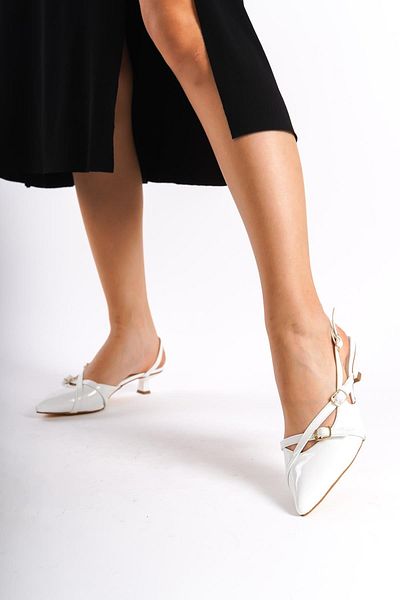 Bak Store White Patent Leather 3 cm Heeled Shoes Banded Buckle Detailed Pointed Toe Wedding Wedding Bridal Shoes