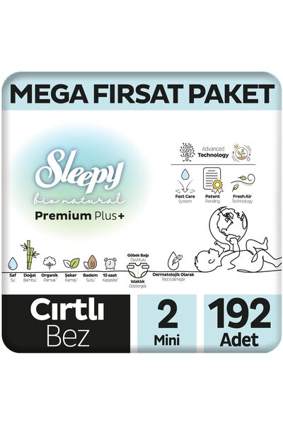 Sleepy Bio Natural Premium Plus Mega Fırsat Paketi Bebek Bezi 2 Numara Mini 192 Adet