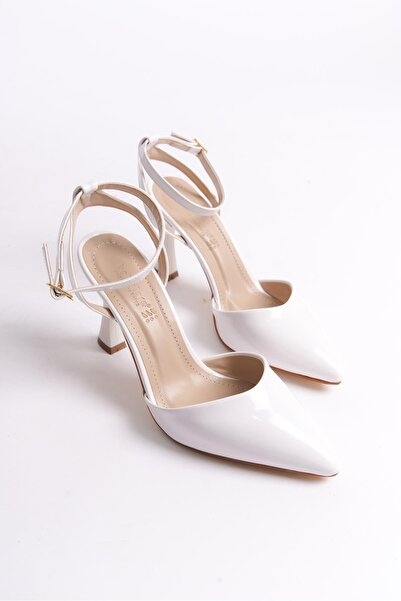 Bak Store Patent Leather White Women's Heeled Shoes - Pointed Toe and Buckle Detailed Wedding and Wedding Bridal Shoes