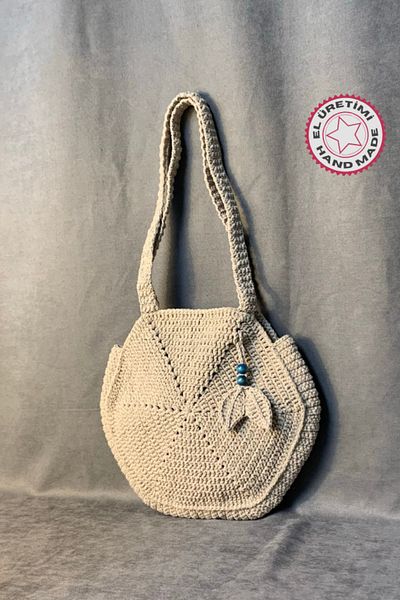 Uretti - Geantă hexagonală din bumbac tricotată manual Emine 9106 - bej
