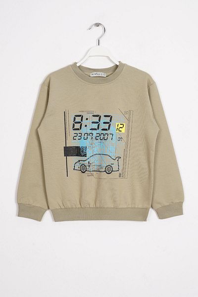 zepkids Crew Neck Car Printed Khaki Color Boys' Sweatshirt
