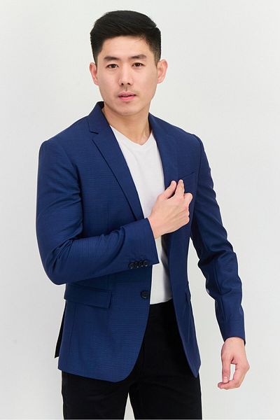 Calvin Klein Men Slim Fit Checkered Semi Formal Blazer, Blue