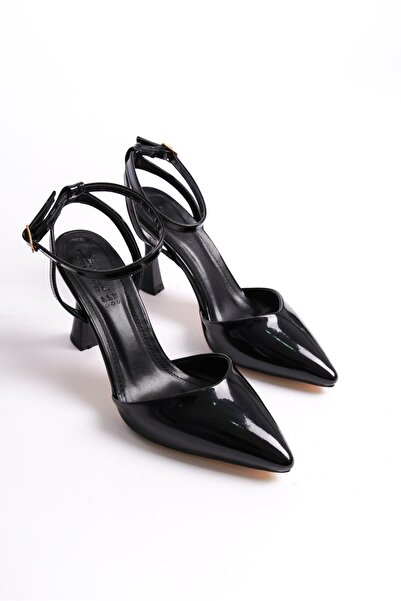 Bak Store Patent Leather Black Women's Heeled Shoes - Pointed Toe and Buckle