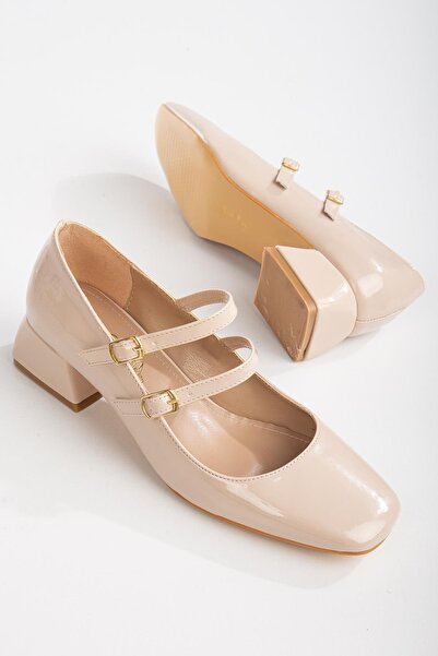 Bak Store Mary Jane Beige Patent Leather Blunt Square Toe Short Thick Heeled Shoes