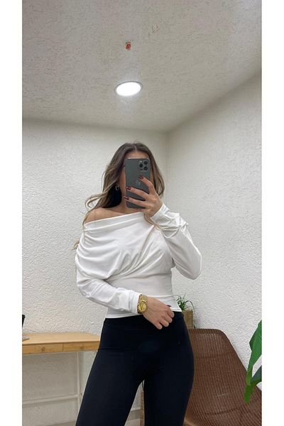 Nazline Women's Off-Shoulder Drawstring Detailed Long Sleeve Sendy Bluz