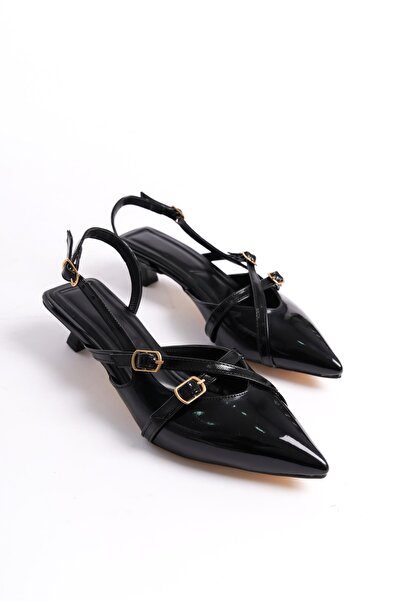 Bak Store Black Patent Leather 3 cm Heeled Shoes Banded Buckle Detailed Pointed Toe