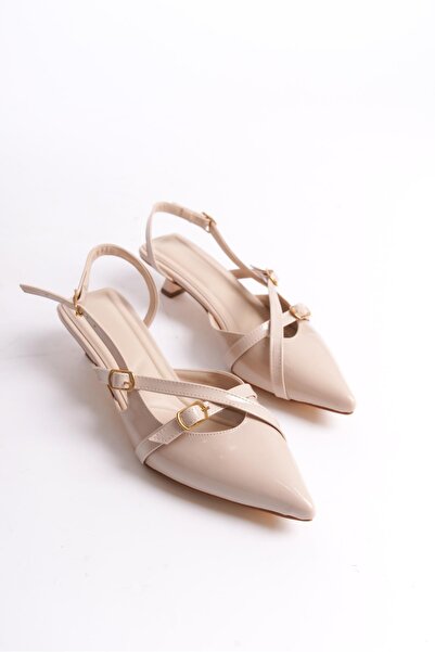 Bak Store Beige Patent Leather 3 cm Heeled Shoes Banded Buckle Detailed Pointed Toe