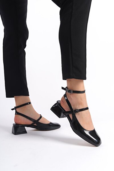 Bak Store Tight Mold Mary Jane Black Patent Leather Open Back Blunt Square Toe Helmet Thick Heeled Shoes