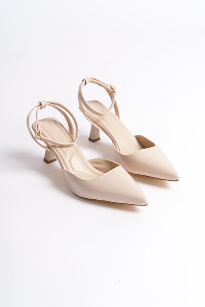 Bak Store Beige Pointed Toe Buckle Patent Leather Women's Heeled Shoes