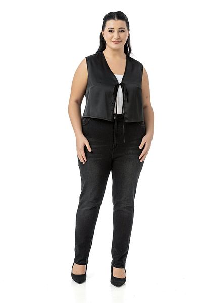 DISENTIS MODEST Plus Size Front Tie Detailed Satin Unlined Black Vest