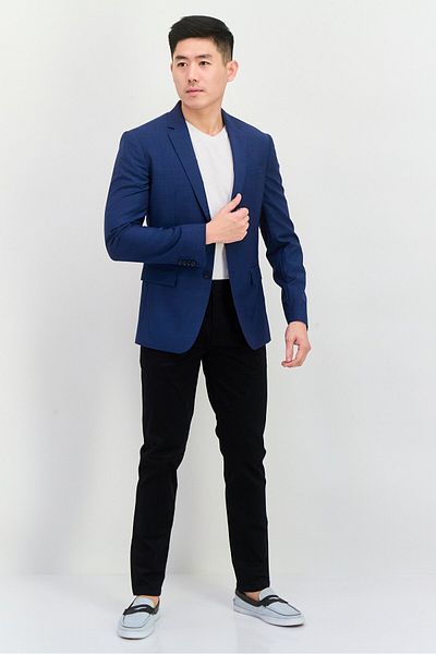 Calvin Klein Men Slim Fit Checkered Semi Formal Blazer, Blue