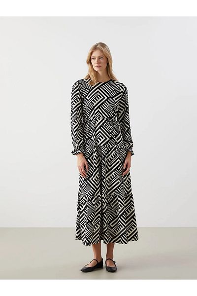 LC Waikiki Lcw Comfort Black Crew Neck Print Women's Dress