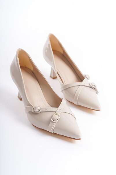 Bak Store Beige Patent Leather - Pointed Toe and Buckle Detailed Women's Stiletto Shoes