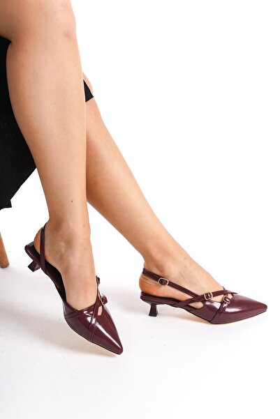 Bak Store Claret Red Patent Leather 3 cm Heeled Shoes with Banded Buckle Detail Cherry Red