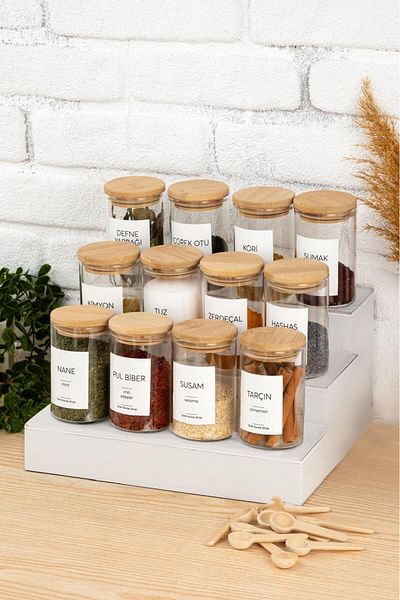 emir home shop 12 Pieces of Bamboo Lid Vacuum Glass Seasoning Set with Spoon Label Storage Container
