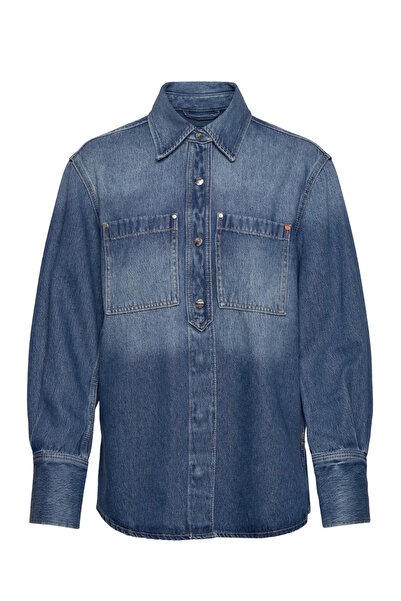 BOSS Kadın Rahat Kesim Gömlek Yaka Cep Detaylı Denim Lacivert Gömlek 50530830...