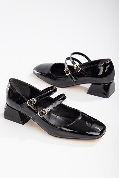 Bak Store Mary Jane Black Patent Leather Blunt Square Toe Short Thick Heeled Shoes