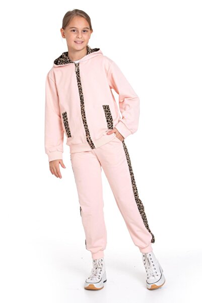 zepkids Hooded Leopard Stripe Detailed Powder Color Girl's Tracksuit Set