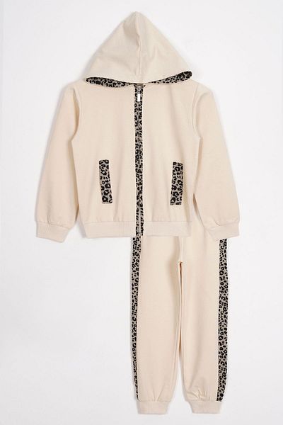 zepkids Hooded Leopard Stripe Detailed Stone Color Girl's Tracksuit Set