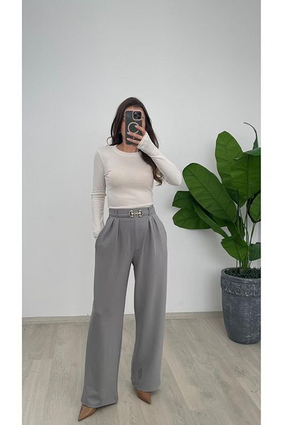 Nazline Women's Buckle Detailled Pleated Crepe Loose Leg Pants