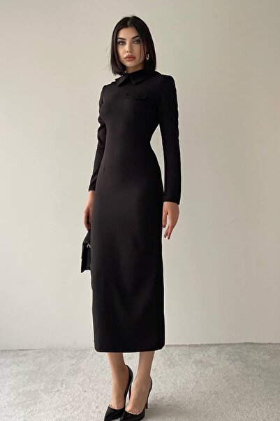WOMAN VISION Kadın Siyah Kadın Atlas Kumaş Gömlek Yaka Detay Midi Kalem Abiye Elbise 341